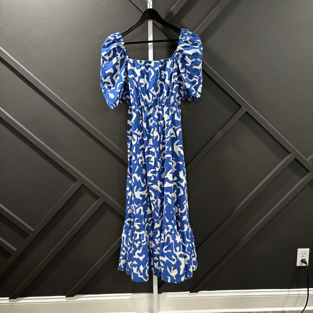 Zara Dress Womens Size S Blue White Abstract Print Puff Sleeve Tiered Midi